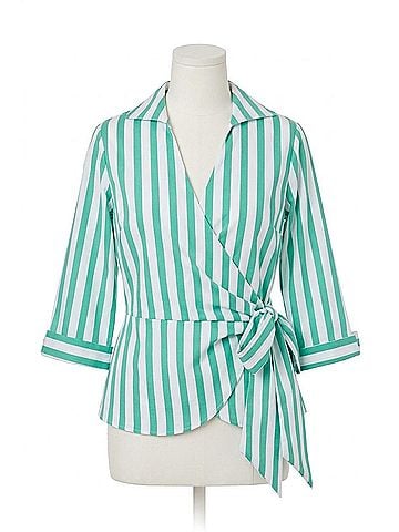 Foxcroft Striped Wrap Blouse in Kelly Green/ White (view 1)