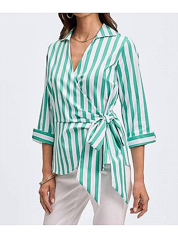 Foxcroft Striped Wrap Blouse in Kelly Green/ White (view 2)