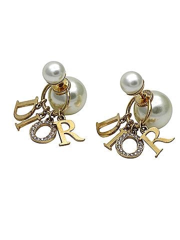 Christian Dior Christian Dior Dior earrings for women, brand name, metal, faux pearl, tribal design, gold logo. (view 1)
