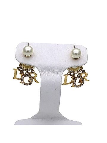 Christian Dior Christian Dior Dior earrings for women, brand name, metal, faux pearl, tribal design, gold logo. (view 2)