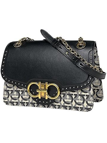 Salvatore Ferragamo Salvatore Ferragamo Shoulder Bag, Double Gancini, Canvas, Ivory/Black, H499, Women's (view 1)