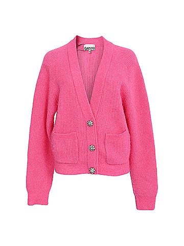 Ganni Ganni Knitted Crystal Buttoned Cardigan in Pink Wool (view 1)