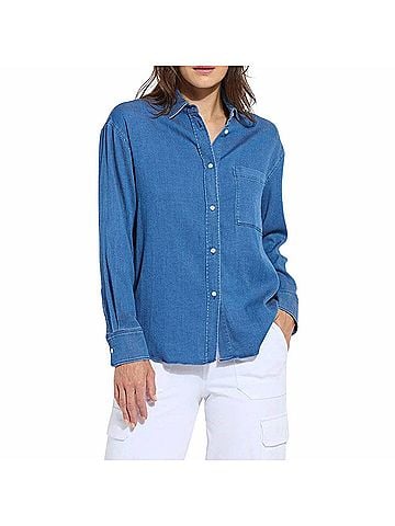 Lyssé Bay Crop Chambray Shirt in Mid Wash (view 2)