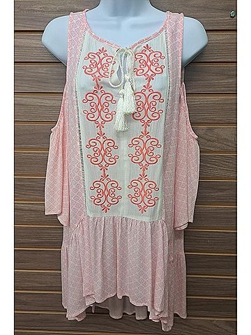 Soieblu Women's Cold Shoulder Pink Embroidered Tunic in Pink (view 2)