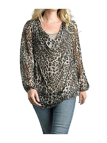 Tempo Paris Cowl Neckline Sheer Blouse With Lining in Cheetah Print (view 2)