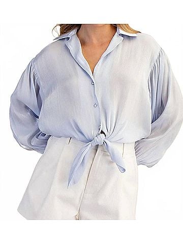Glam Stephanie Tie Front Collared Blouse in Light Blue (view 2)