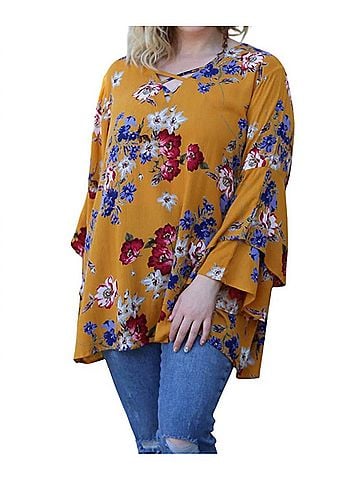 Angie Floral Layered Bell Sleeve Tunic - Plus in Multi (view 2)