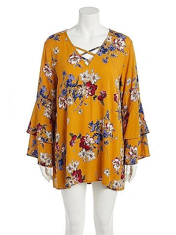 Angie Floral Layered Bell Sleeve Tunic - Plus in Multi (view 1)