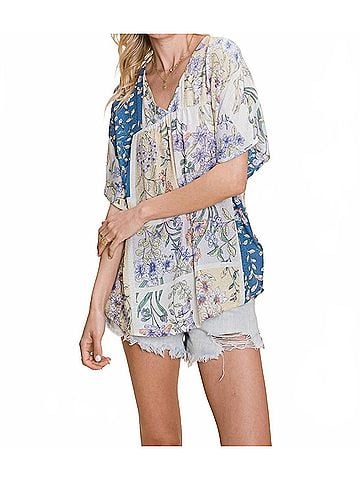 Cotton Bleu Floral V-Neck Top in Multi (view 2)