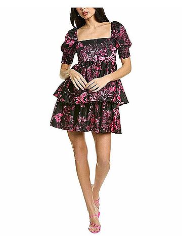 Alice + Olivia Emmalou Puff-Sleeve Tiered Mini Dress in Pink Black (view 2)
