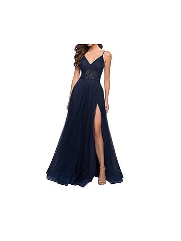 La Femme Illusion A-Line Tulle Ballgown Dress in Navy (view 2)
