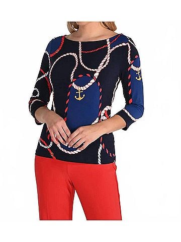 Frank Lyman Design Casual Boat Neck Top in Midnight/Red (view 2)