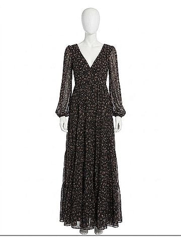 IEENA for Mac Duggal Floral Ruffles Tiered Long Sleeve Maxi Dress in Black Multi (view 1)
