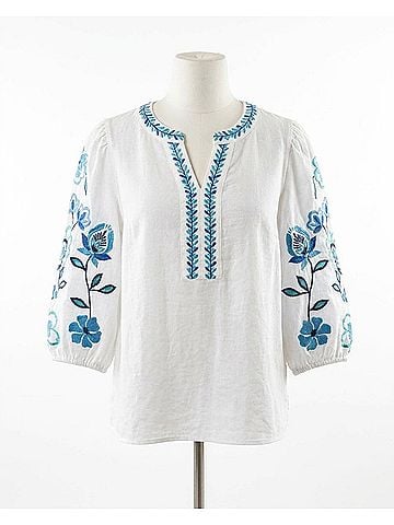 MULTIPLES 3/4 Puff Sleeve Embroidered Top in White (view 1)