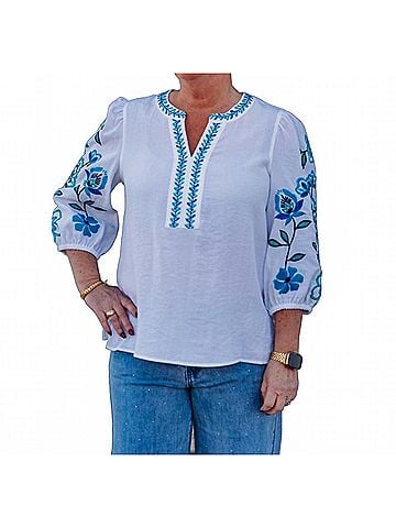 MULTIPLES 3/4 Puff Sleeve Embroidered Top in White (view 2)
