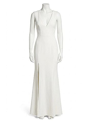 Dress the Population Sandra Plunge Crepe Trumpet Gown in Off White (view 1)