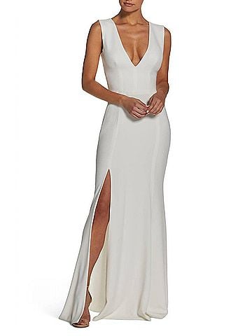 Dress the Population Sandra Plunge Crepe Trumpet Gown in Off White (view 2)