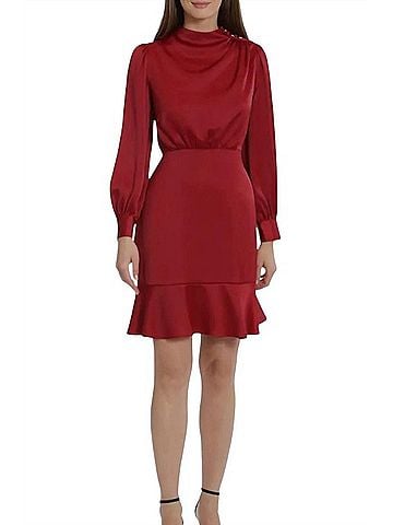 Maggy London Ruffled Above Knee Shift Dress in Merlot (view 2)