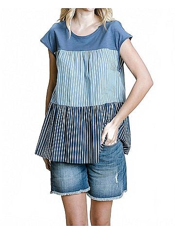 Cotton Bleu Striped &amp; Tiered Denim Top in Blue (view 2)