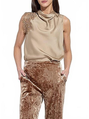 Lyssé Teresa Guipure Lace Trim Shell Blouse in Blond Wood (view 2)
