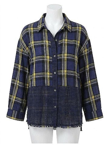 Umgee Plaid &amp; Checkered Frayed Top in Navy (view 1)
