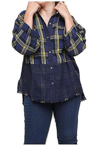 Umgee Plaid &amp; Checkered Frayed Top in Navy (view 2)