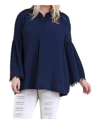 Umgee Popover Trumpet Sleeve Blouse in Navy (view 2)