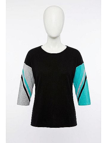Wrangler Jeans Co Stripe Sleeve Scoop Neck Top in Black (view 1)
