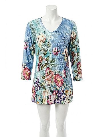 Adore Floral V Neckline Tunic in Blue Green (view 1)
