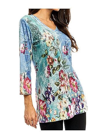 Adore Floral V Neckline Tunic in Blue Green (view 2)