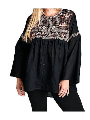 Velzera Button Down Embroidered Shirt in Black (view 2)
