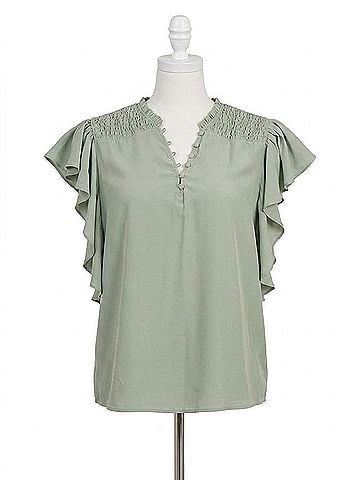 Love Token Ruffle Sleeve Top in Sage (view 1)