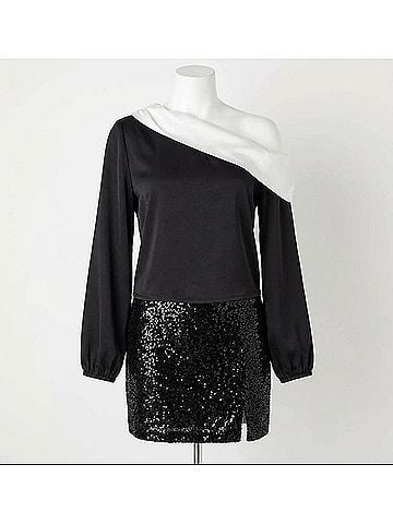 Fifteen Twenty Satin One Shoulder Top in Black (view 2)