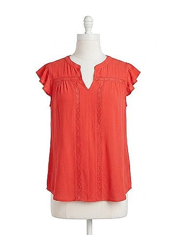 Skies Are Blue Curvy Ruffle Top Coral in Red (view 1)