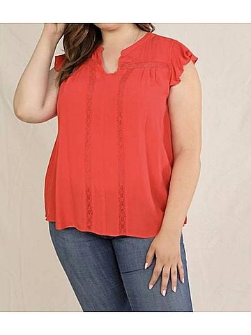 Skies Are Blue Curvy Ruffle Top Coral in Red (view 2)
