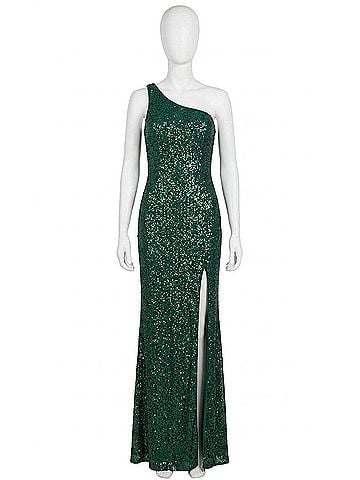 La Femme Asymmetrical Neckline Single Shoulder Sequined Dress in Emerald (view 1)