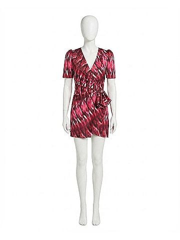 MISA Los Angeles Amina Pleated Draped Satin Mini Wrap Dress in Fuchsia (view 1)