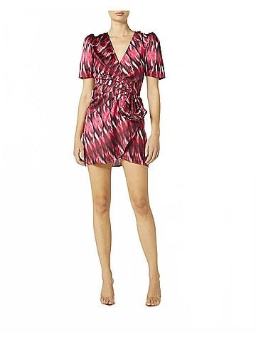 MISA Los Angeles Amina Pleated Draped Satin Mini Wrap Dress in Fuchsia (view 2)