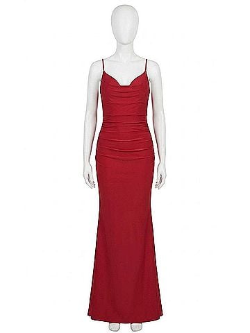 La Femme Jersey Ruched Cowl Neck Mermaid Gown in Red (view 1)