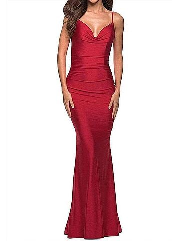 La Femme Jersey Ruched Cowl Neck Mermaid Gown in Red (view 2)