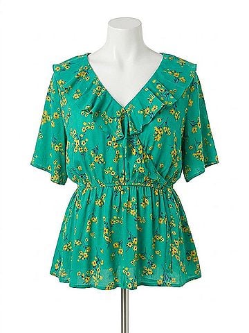 Skies Are Blue Plus Size Floral Flutter in Green And Yellow (view 1)