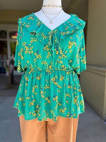 Skies Are Blue Plus Size Floral Flutter in Green And Yellow (view 2)