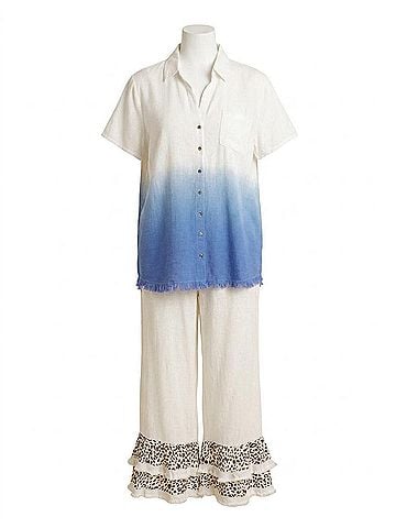 Umgee Dip Dyed Button Down Plus Shirt in Off White/Blue (view 1)