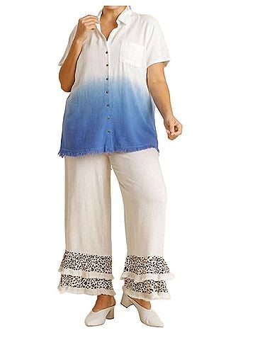 Umgee Dip Dyed Button Down Plus Shirt in Off White/Blue (view 2)