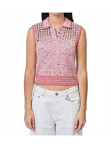Central Park West Clover Sleeveless Mesh Polo Shirt in Pink (view 2)