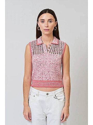 Central Park West Clover Sleeveless Mesh Polo Shirt in Pink (view 2)