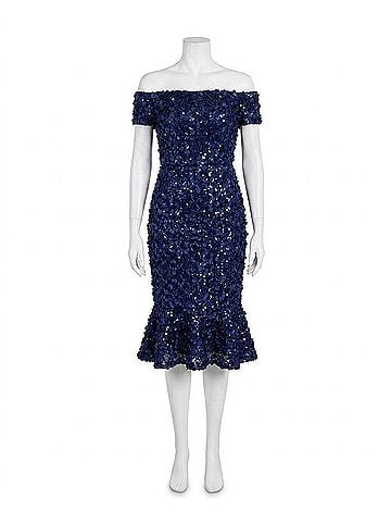 Xscape Off The Shoulder Lace Fit And Flare Dress in Navy (view 1)