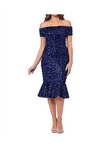 Xscape Off The Shoulder Lace Fit And Flare Dress in Navy (view 2)