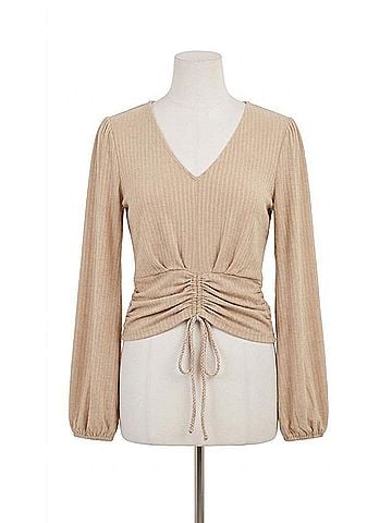Hem & Thread Ruching V Neck Ribbed Top in Light Taupe (view 1)
