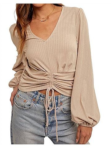 Hem & Thread Ruching V Neck Ribbed Top in Light Taupe (view 2)